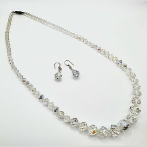 Vintage 1950s Aurora Borealis Faceted Bead Necklace Pierced Earring Set